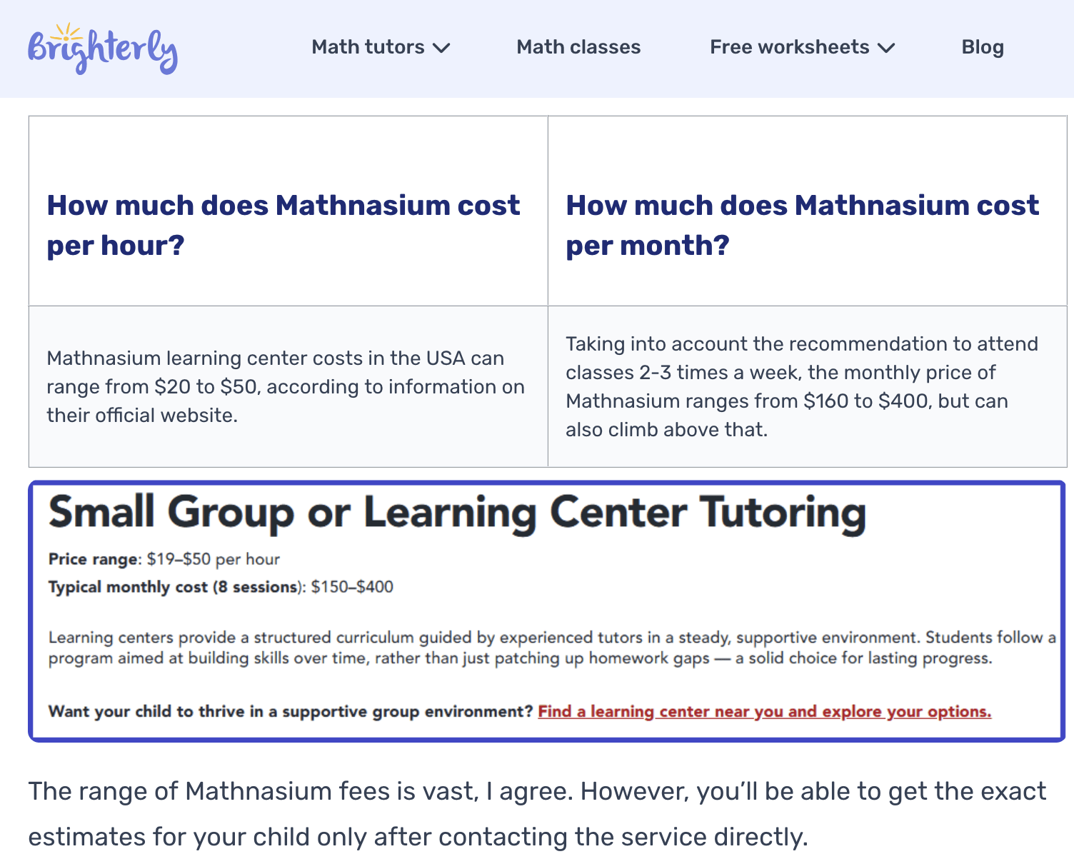 Brighterly - What does Mathnasium cost
