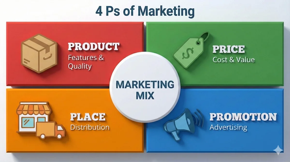 Matrix diagram of the Marketing Mix (4 Ps): Product (features), Price (cost), Place (distribution), and Promotion (advertising).