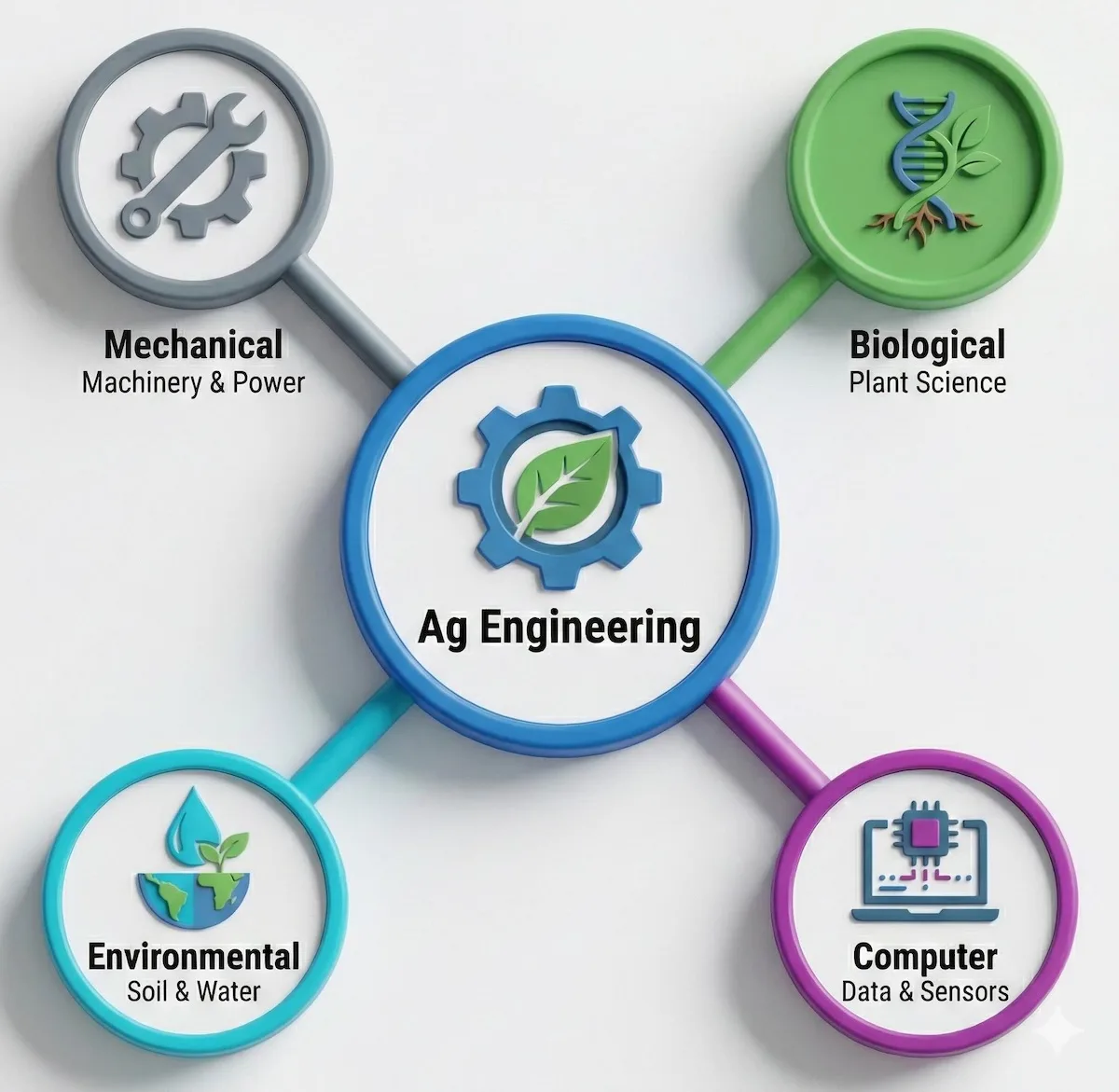 Concept map illustrating Agricultural Engineering as a mix of Mechanical Engineering, Biological Science, Environmental Science, and Computer Programming.