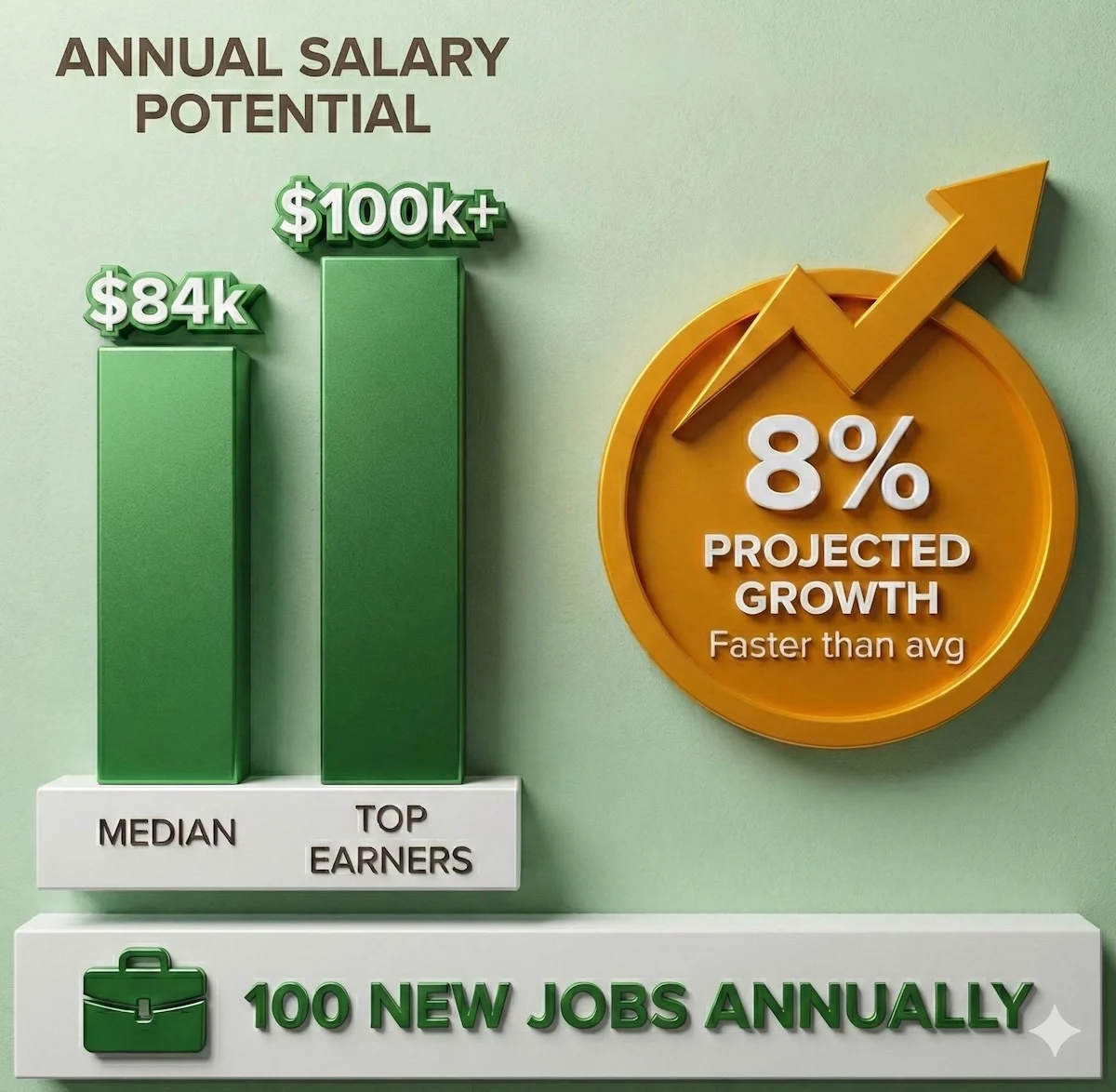 Infographic showing Agricultural Engineering career statistics: $84,630 median salary, over $100,000 for top earners, and 8% projected job growth rate.