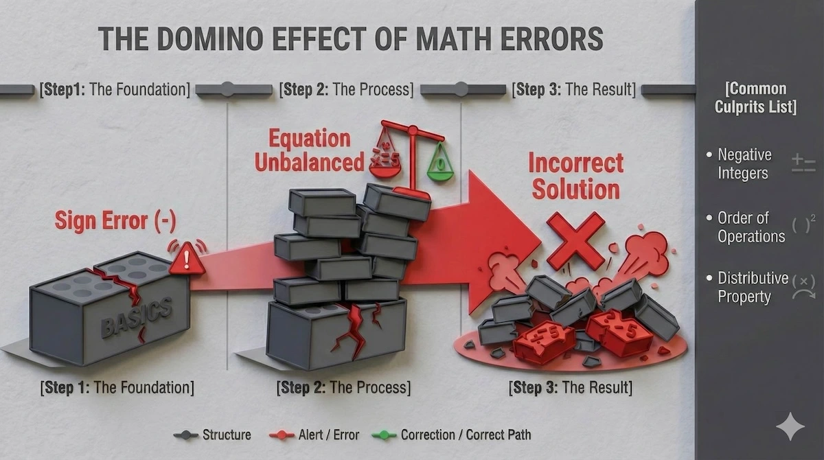 Illustration showing how minor algebra errors like negative signs cause cascading failure in complex math problems.