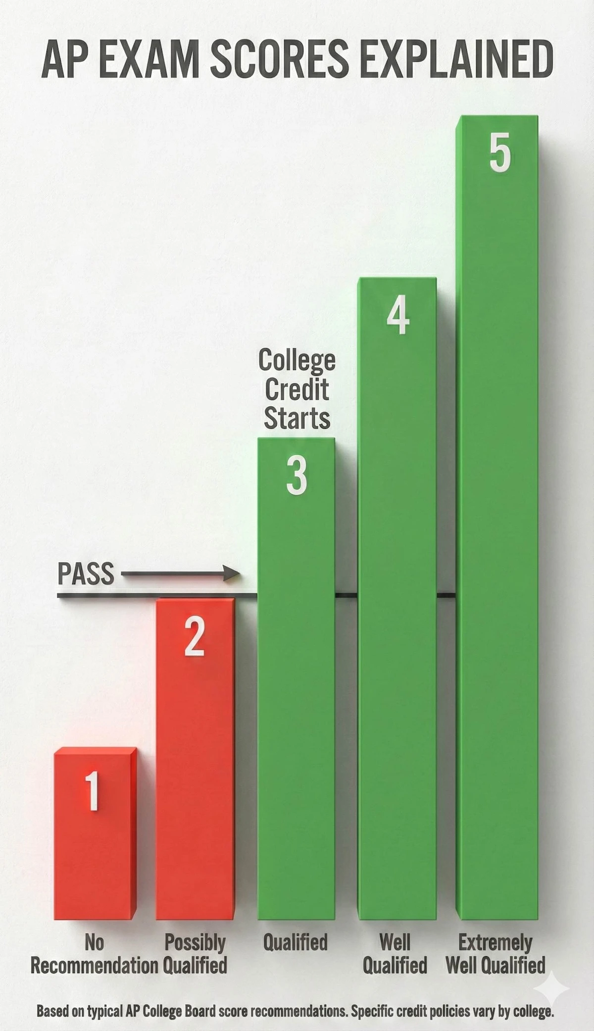 Bar chart showing AP exam score scale from 1 to 5, indicating that scores of 3, 4, and 5 are considered qualified for college credit.