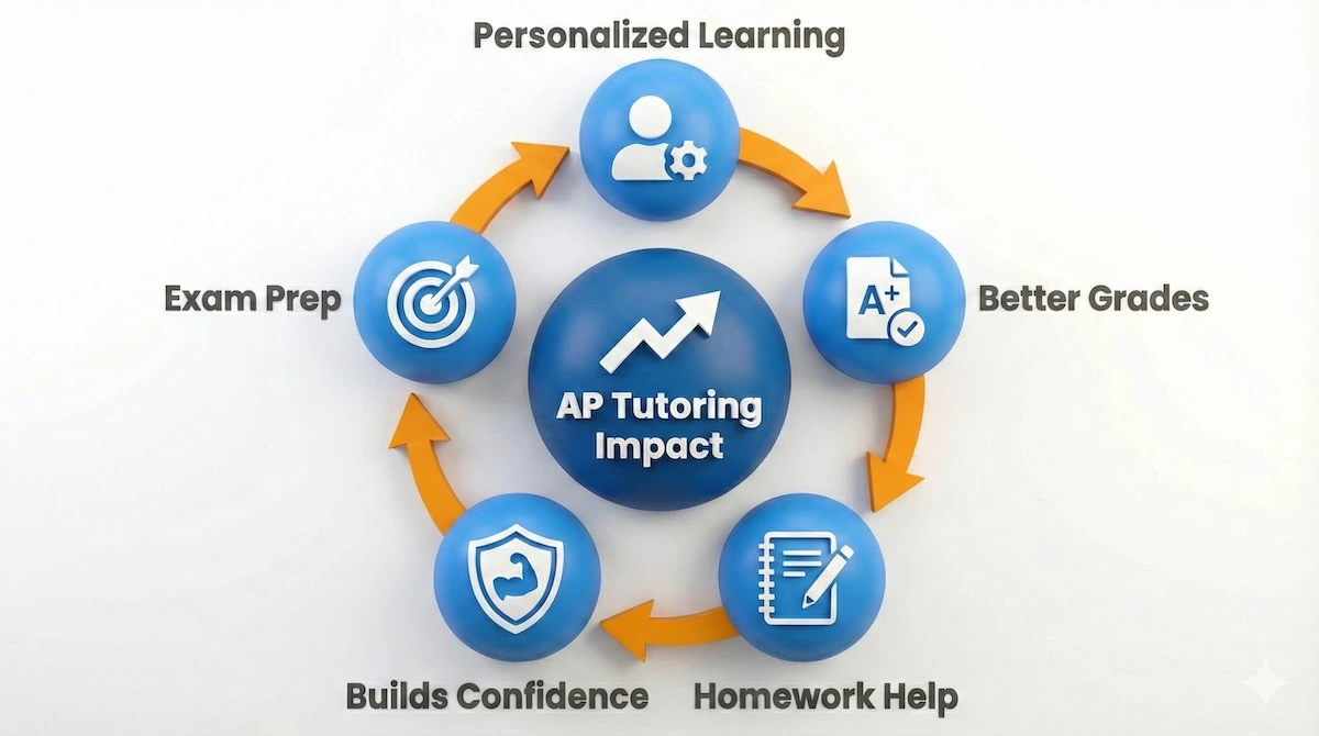 Circular infographic highlighting five key benefits of AP tutoring: personalized learning, better grades, homework help, confidence building, and exam preparation.