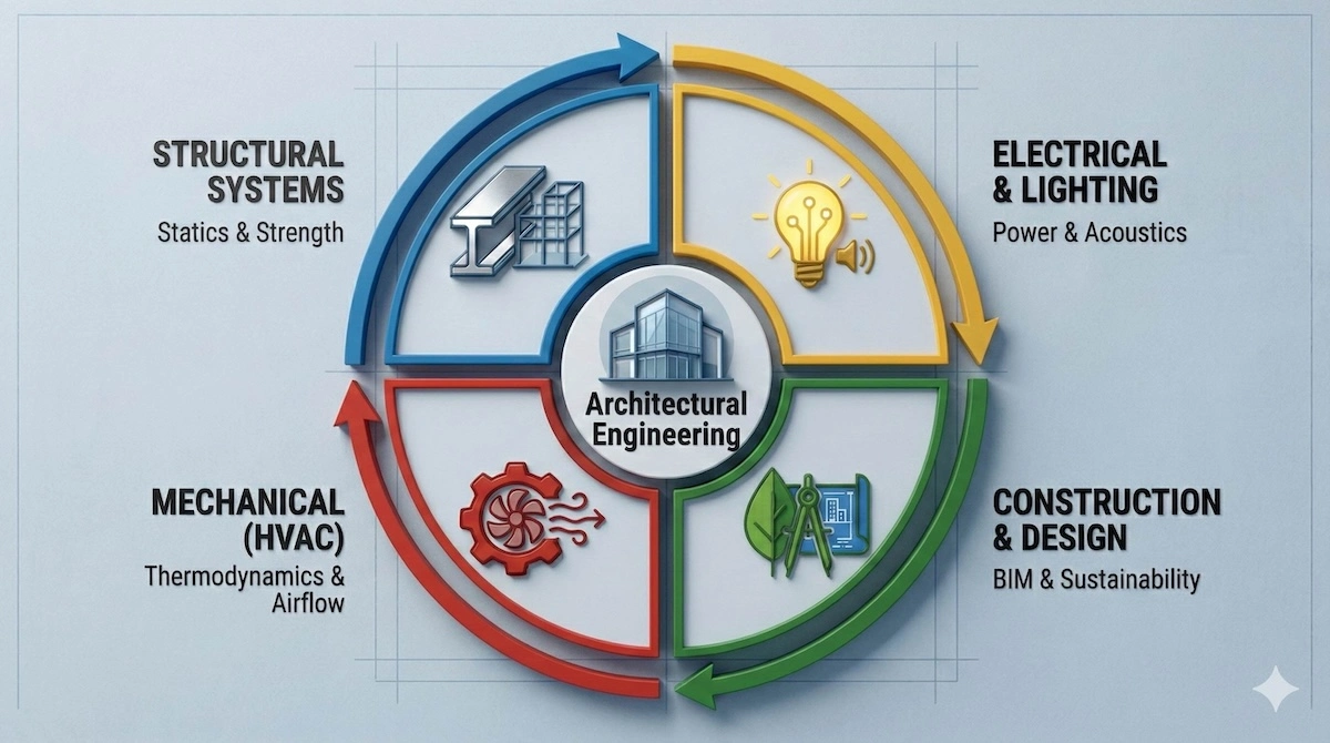 Concept illustration showing the four pillars of architectural engineering: Structural Systems, Electrical & Lighting, Mechanical HVAC, and Construction Design.