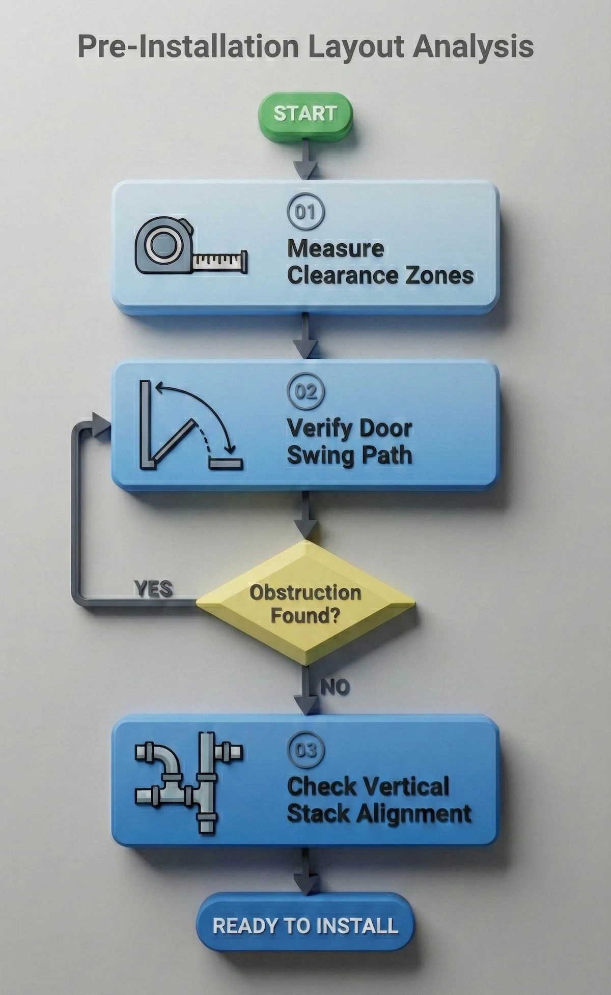 Flowchart showing pre-installation checks for small bathroom layouts including clearance measurement, door swing verification, and stack alignment.