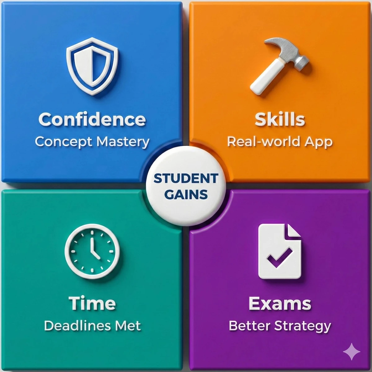Grid infographic highlighting four benefits of Cambridge Technicals tutoring: increased confidence, practical skill development, better time management, and improved exam support.