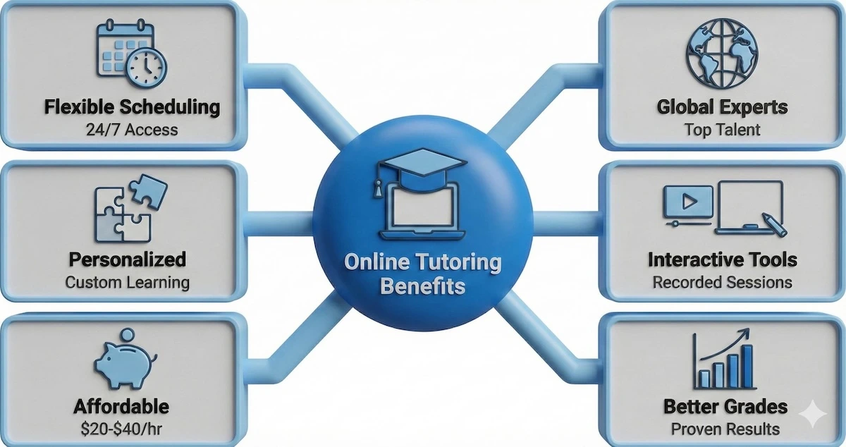 Hub and spoke diagram illustrating six key benefits of online engineering tutoring including flexible scheduling, global experts, affordability, and interactive tools.