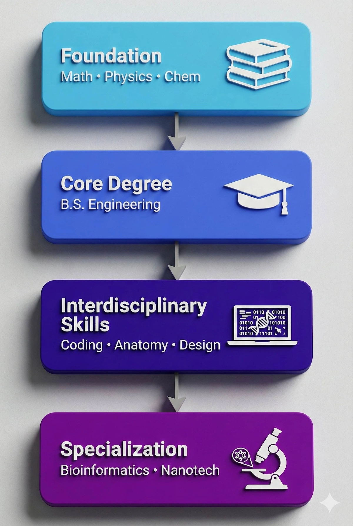 Vertical flowchart showing the educational path for biomedical engineers from foundation sciences to specialized degrees.