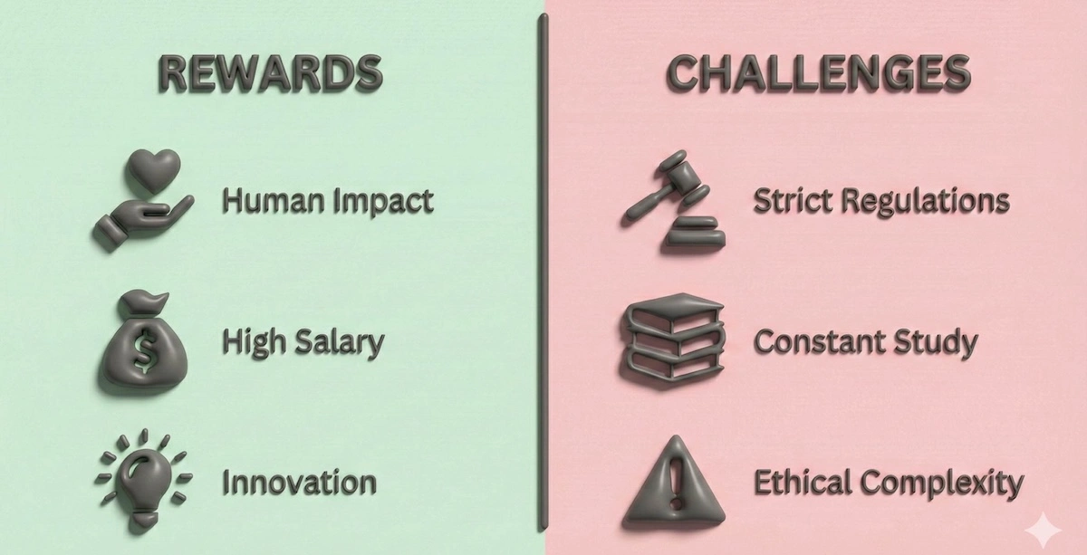 Comparison table listing rewards like high salary versus challenges like strict regulations in biomedical engineering.