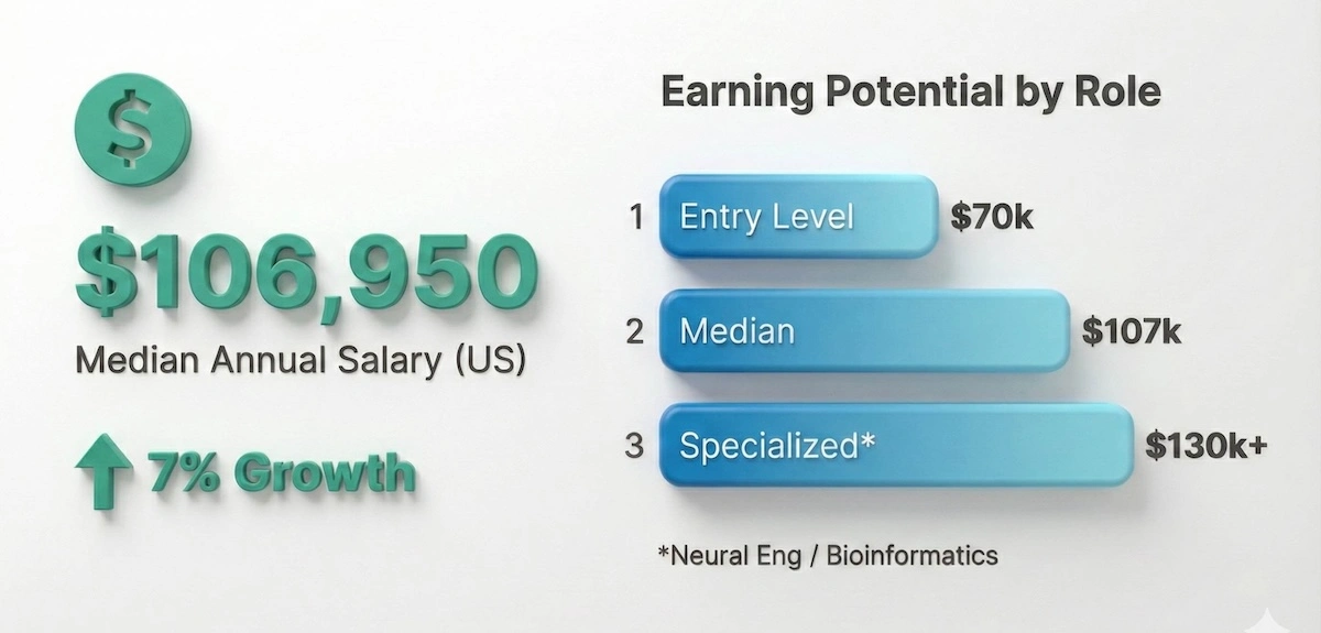 Salary chart for biomedical engineers showing $106,950 median pay and 7% projected job growth through 2033.