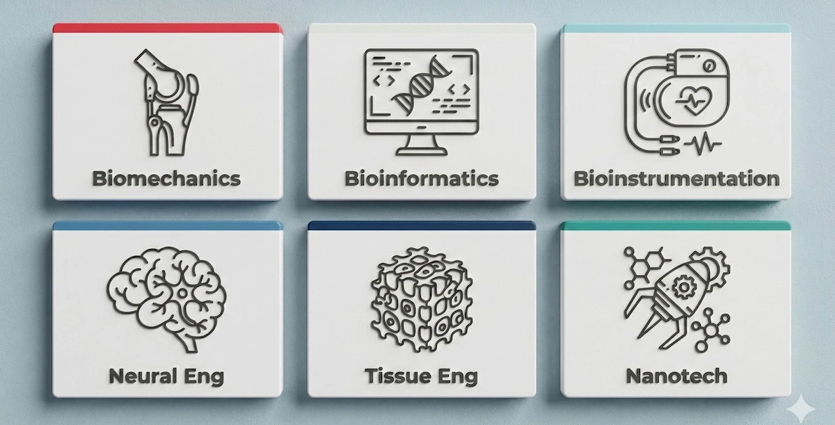 Grid infographic displaying six key biomedical engineering specializations including Biomechanics, Bioinformatics, and Neural Engineering.