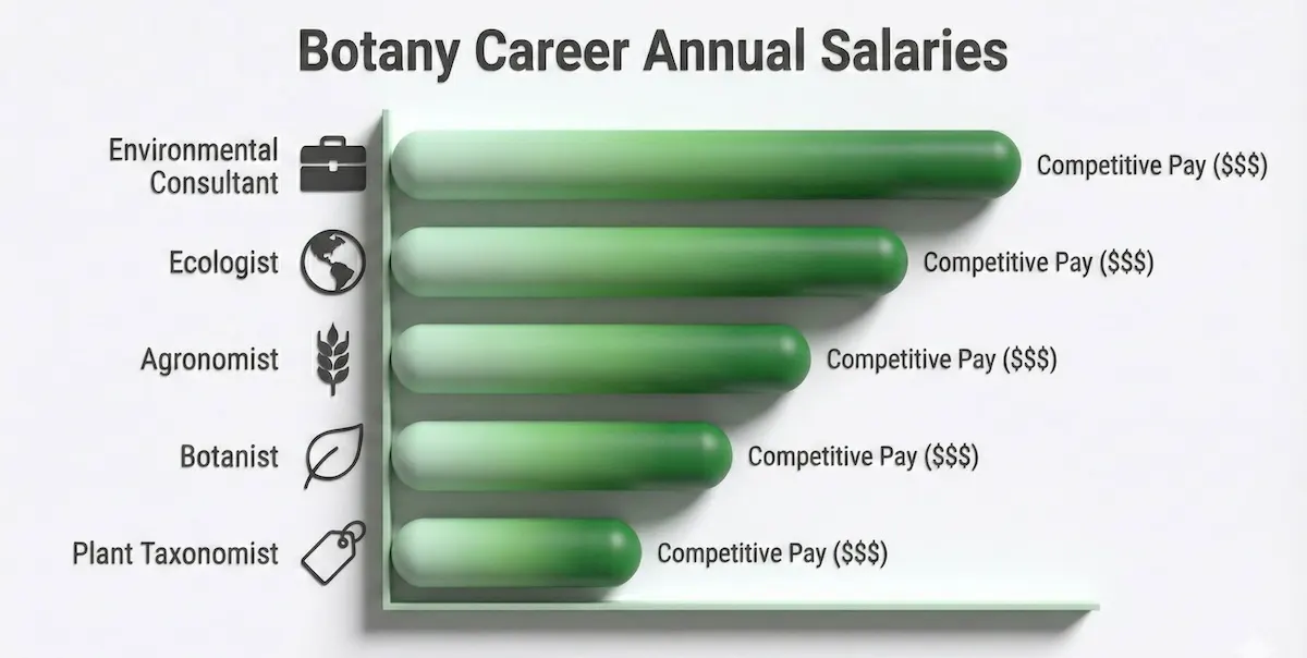Bar chart showing relative salary potential for botany careers including Environmental Consultants, Ecologists, and Agronomists.