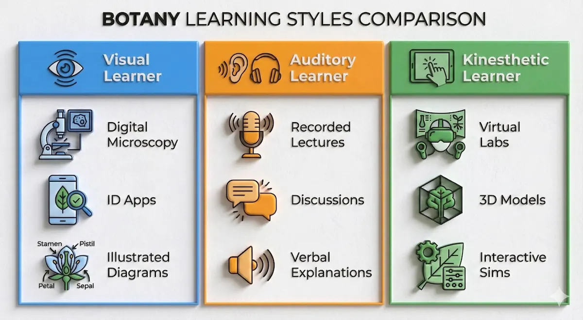 Comparison table mapping visual, auditory, and kinesthetic learning styles to specific online botany tools like digital microscopy and virtual labs.