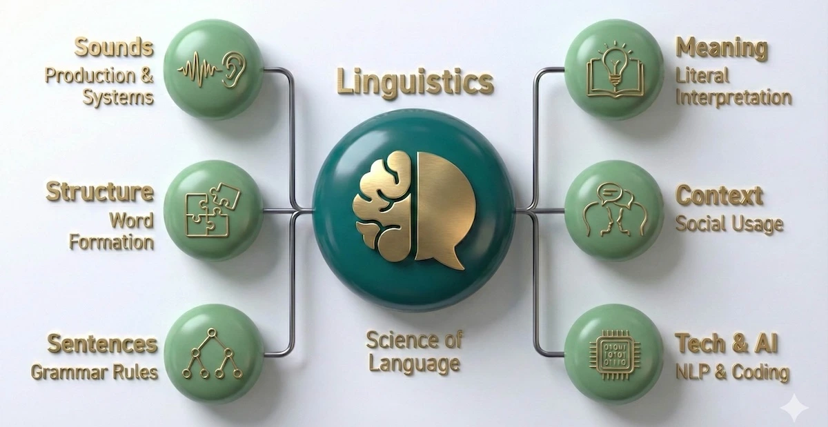 Infographic illustrating the main branches of linguistics: Phonetics, Morphology, Syntax, Semantics, Pragmatics, and Computational Linguistics, showing the structure of language study.