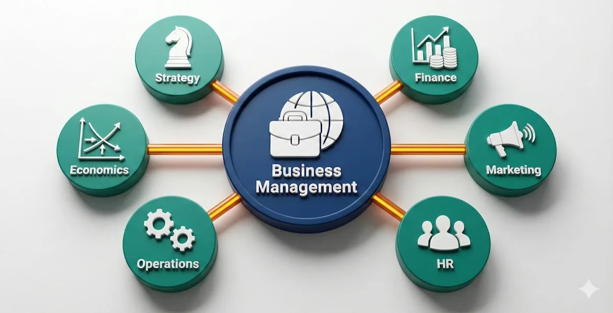 Illustration showing the core pillars of business management including Finance, Marketing, HR, Operations, Economics, and Strategy connected to a central hub.