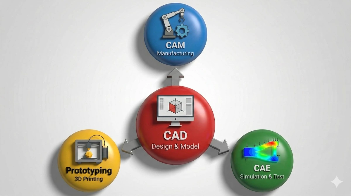Diagram illustrating the CAD ecosystem: CAD connects to CAM for manufacturing, CAE for simulation, and 3D printing for prototyping.