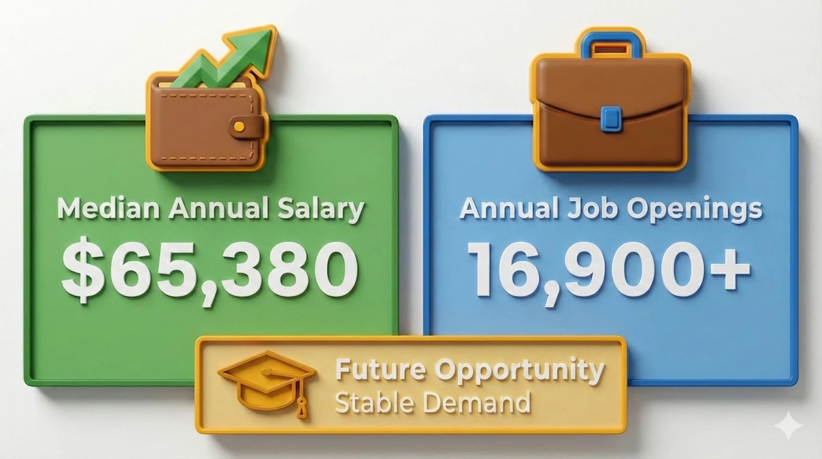 Infographic showing CAD drafter career statistics: median annual salary of $65,380 and over 16,900 annual job openings in the engineering sector.