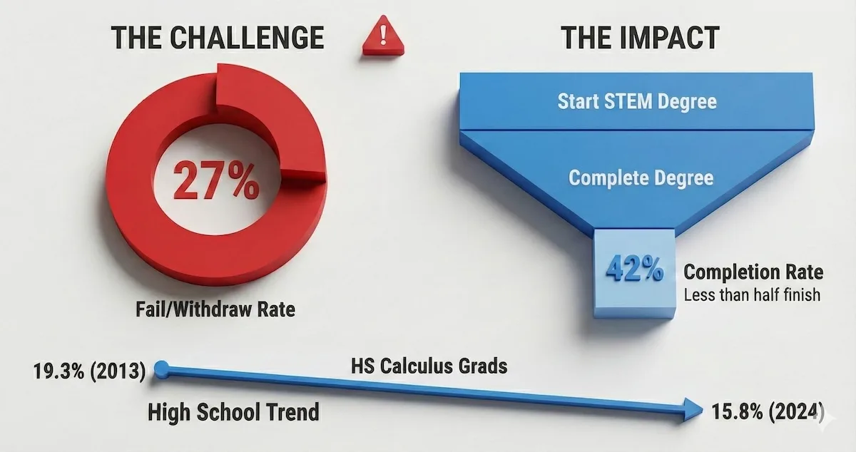 Infographic showing 27% calculus failure rate and 42% STEM degree completion rate highlighting the education crisis.