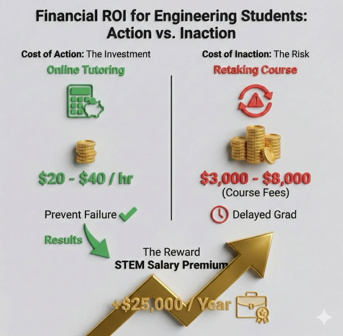 Cost comparison infographic showing tutoring at $40/hr versus retaking calculus courses costing up to $8000.