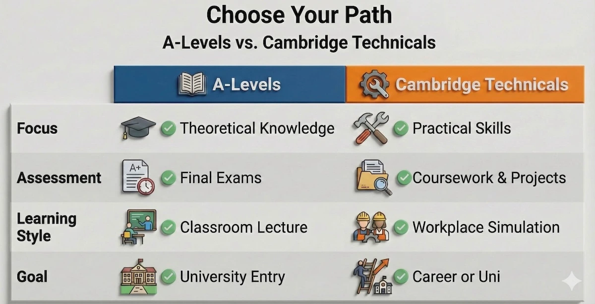 Comparison table showing differences between A-Levels and Cambridge Technicals: A-Levels focus on theory and exams, while Cambridge Technicals focus on practical skills and coursework.