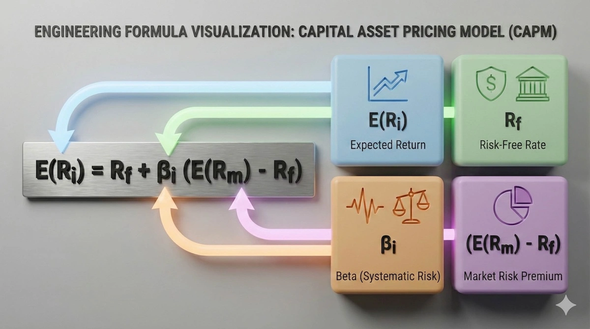 CAPM formula breakdown infographic explaining Expected Return, Risk-Free Rate, Beta, and Market Risk Premium for finance students.