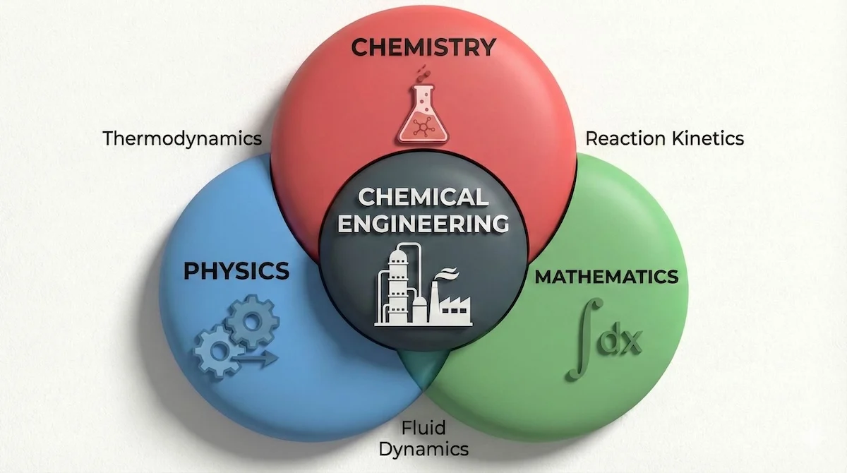 Venn diagram showing Chemical Engineering as the intersection of Chemistry, Physics, and Mathematics.