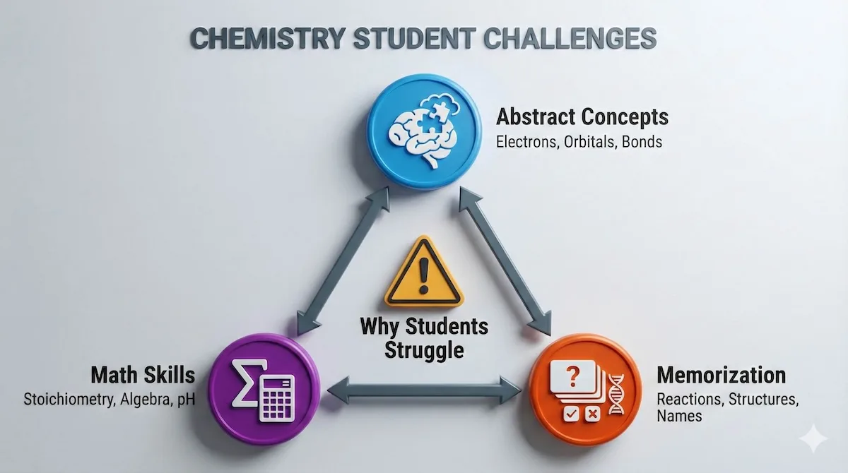 Triangle diagram illustrating three challenges of chemistry: abstract concepts like orbitals, math skills like stoichiometry, and memorization of reactions.