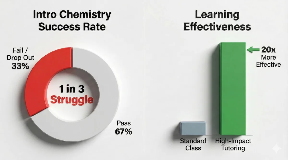 Data charts showing 33% failure rate in introductory chemistry versus the 20x learning effectiveness gain from high-impact private tutoring.