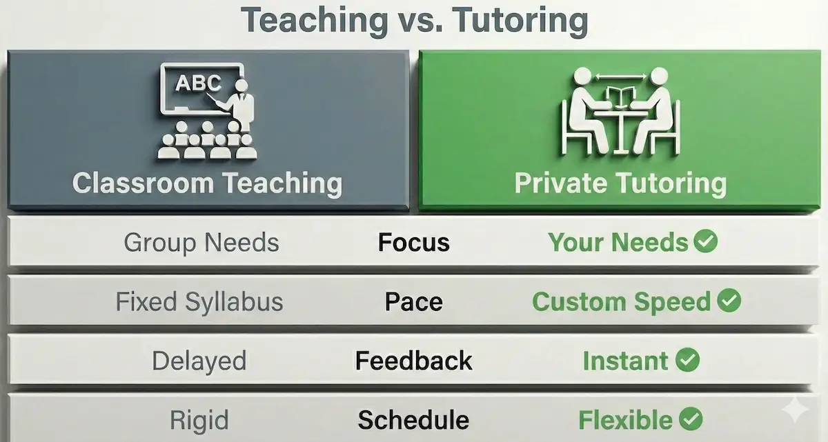 Comparison table showing differences between classroom teaching and private statistics tutoring regarding focus, pace, feedback, and scheduling.
