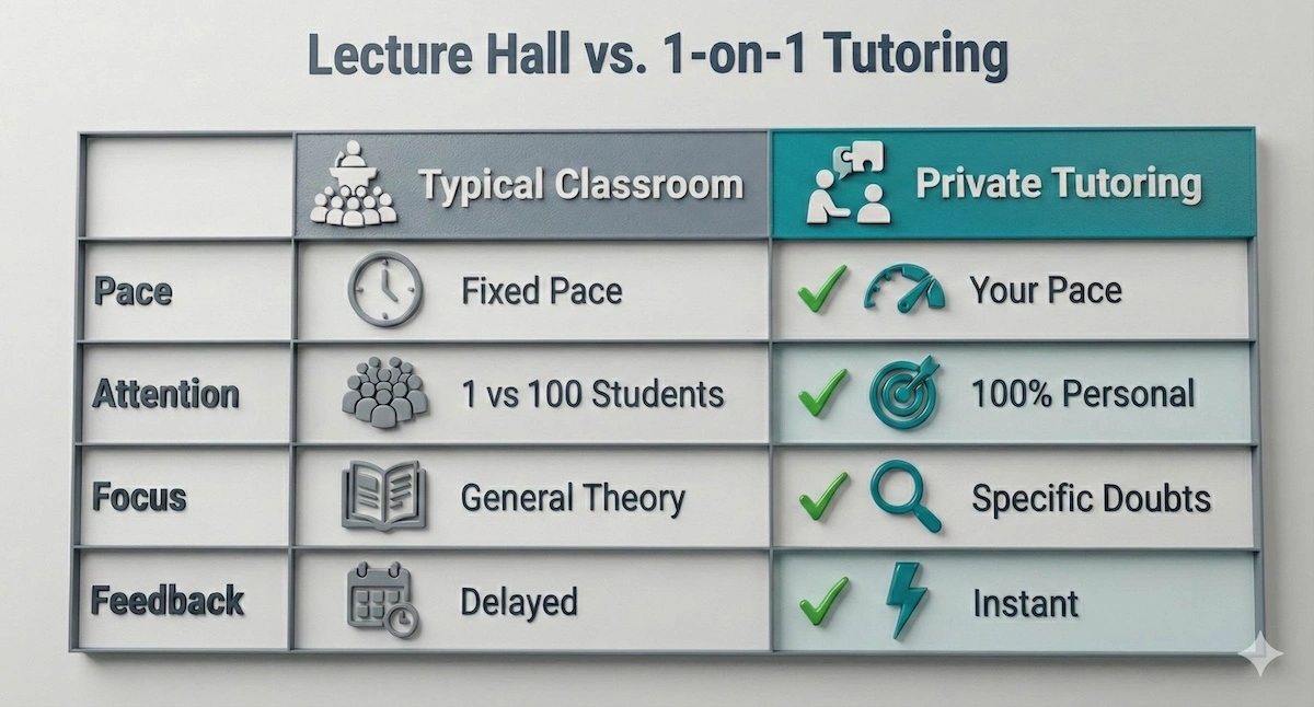 Comparison table contrasting typical classroom learning with private tutoring, highlighting benefits in pace, attention, focus, and feedback speed.