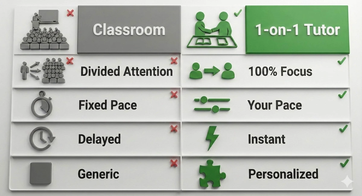Comparison table showing benefits of CAD tutoring over classroom learning: personalized pace, instant feedback, and focused attention vs generic instruction.