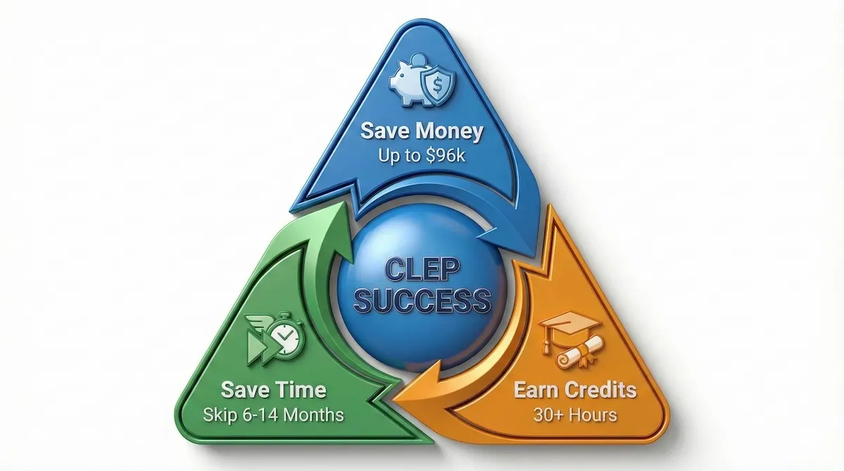 Infographic illustrating three main benefits of CLEP exams: saving up to $96,000, cutting 6-14 months off degree time, and earning 30+ college credits.