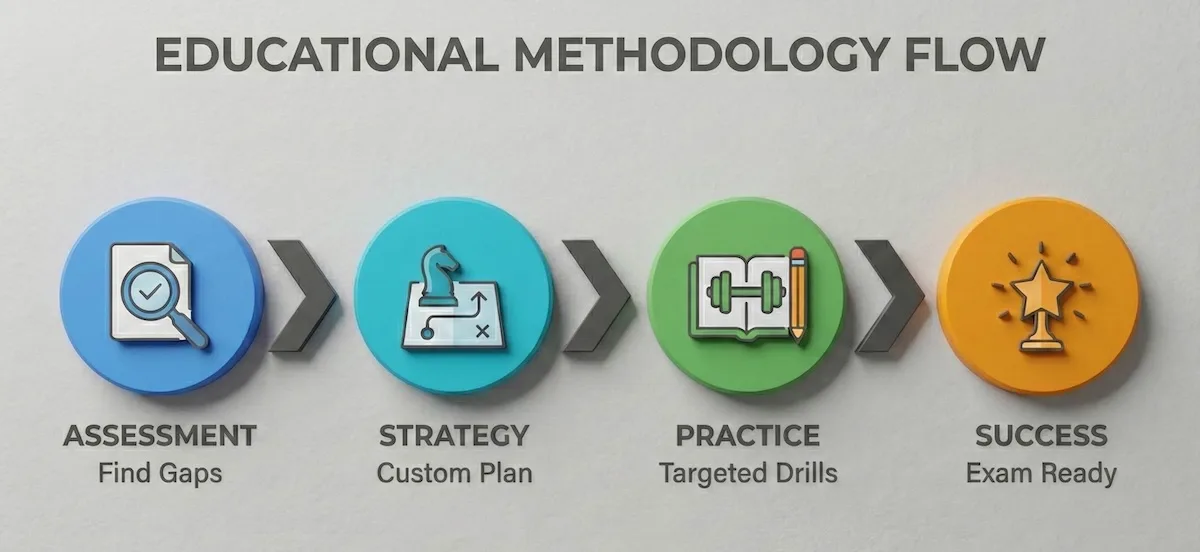 Flowchart showing the 4-step CLEP tutoring process: Assessment (Find Gaps), Strategy (Custom Plan), Practice (Targeted Drills), and Success (Exam Ready).