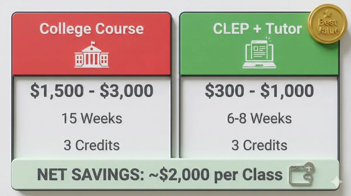 Cost comparison table showing a traditional college course costs $3,000 and takes 15 weeks, while CLEP with tutoring costs under $1,000 and takes 8 weeks.