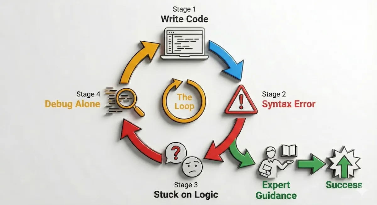 Diagram illustrating the cycle of coding errors and debugging frustration, showing how a tutor provides the path to success.