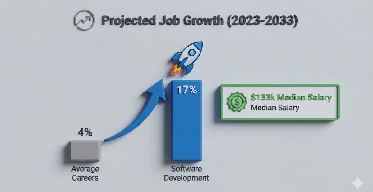 Bar chart showing 17 percent growth in software development jobs versus 4 percent average, highlighting computer programming career potential.