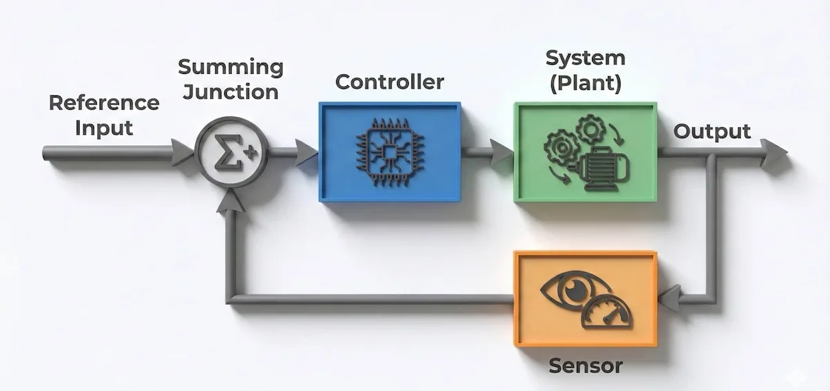 Block diagram of a feedback control loop showing reference input, controller, system plant, and sensor feedback path.
