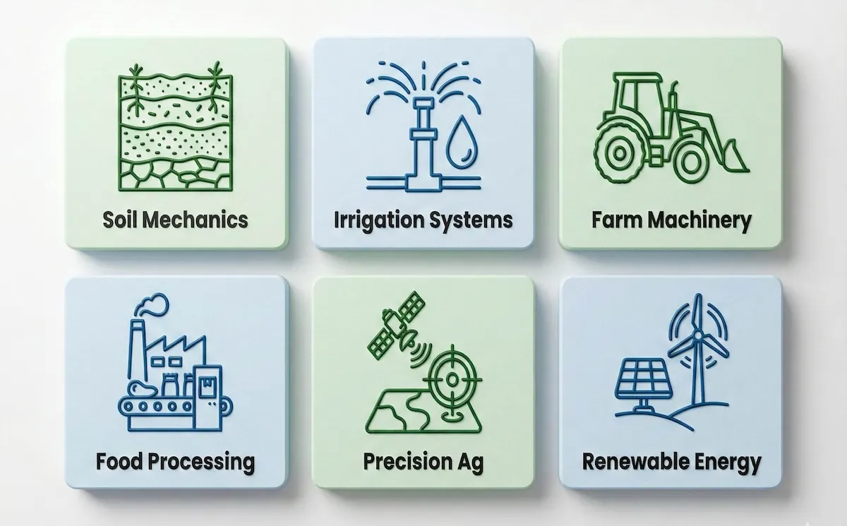 Grid infographic showing six core agricultural engineering subjects: Soil Mechanics, Irrigation, Farm Machinery, Food Processing, Precision Ag, and Renewable Energy.