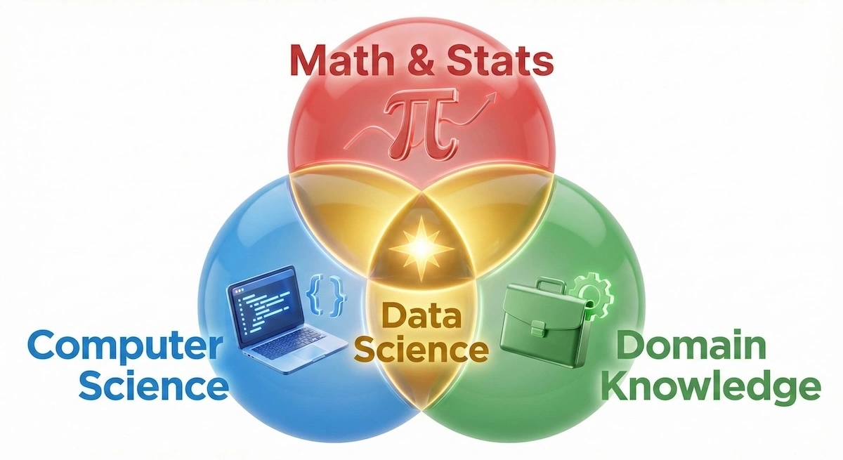 Venn diagram illustrating Data Science as the intersection of Mathematics, Computer Science, and Domain Knowledge.