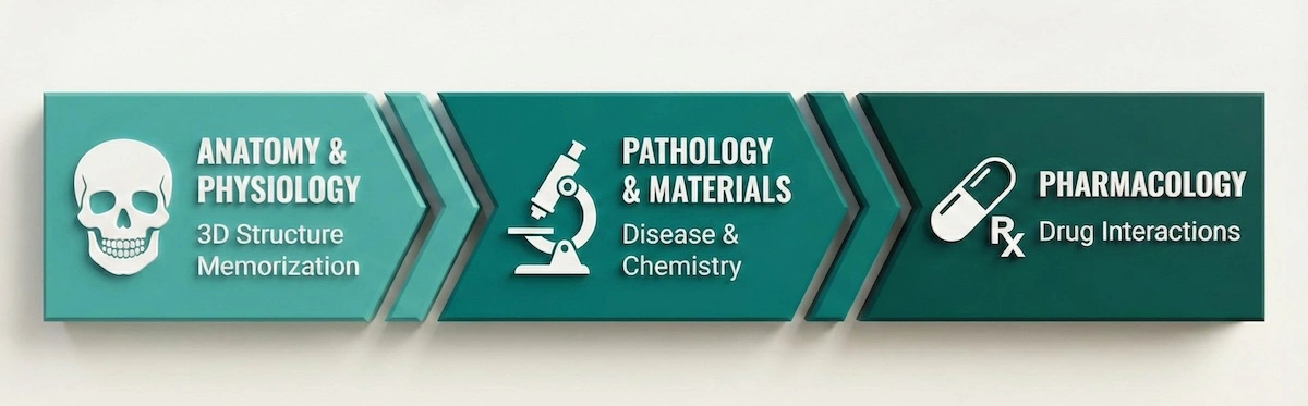 Dental school curriculum roadmap showing the progression from Anatomy and Physiology to Pathology, Materials Science, and Pharmacology.
