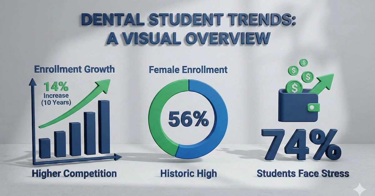 Data visualization showing dental education trends: 14% enrollment increase over 10 years, 56% female student body, and 74% of students facing financial stress.