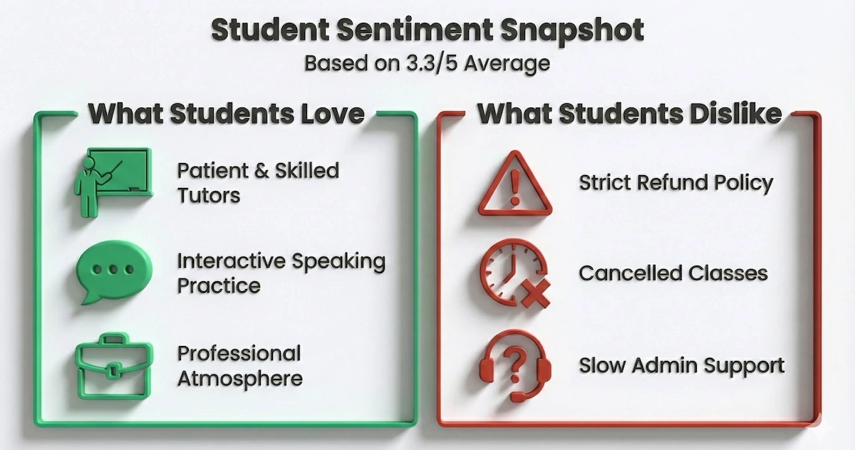 Comparison chart of Deutsche Akademie reviews highlighting skilled tutors as a pro and strict refunds or cancelled classes as cons.