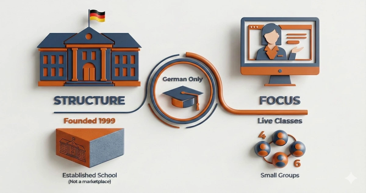 Illustration of Deutsche Akademie's model showing it is an established school from 1999 focusing on small group German classes.