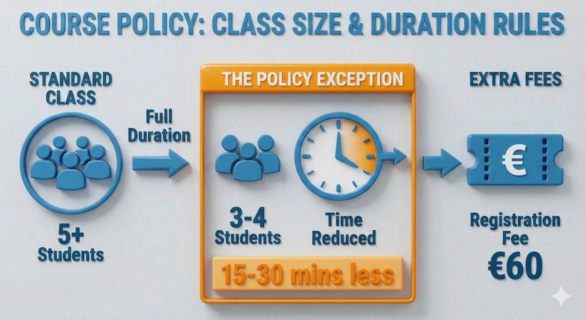 Infographic explaining Deutsche Akademie's policy: classes with only 3-4 students have their duration reduced by 15-30 minutes.