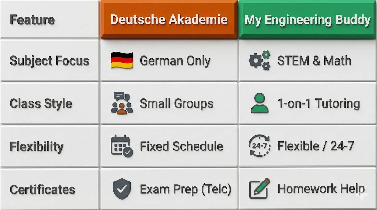 Comparison table showing Deutsche Akademie focuses on German groups with fixed schedules, while My Engineering Buddy offers 1-on-1 flexible STEM tutoring.