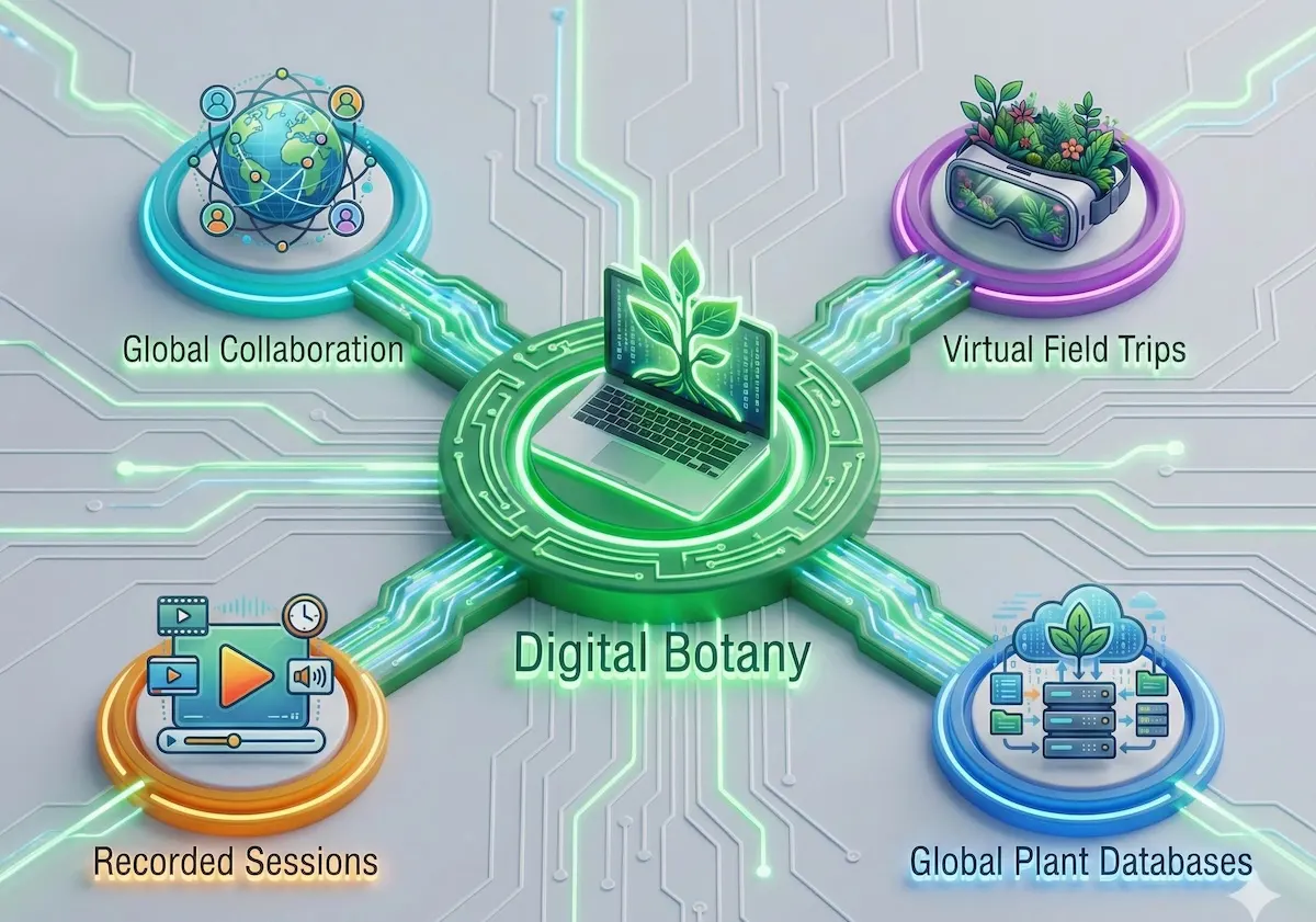 Illustration of the digital botany ecosystem showing virtual field trips, global databases, recorded sessions, and international collaboration.