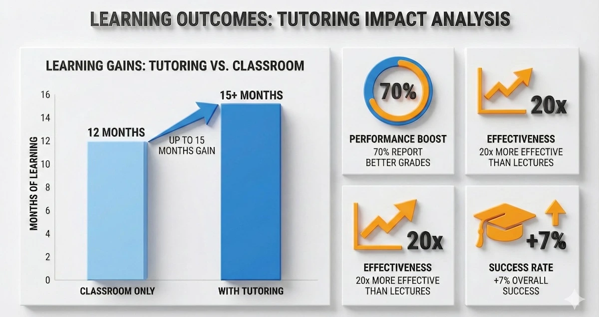 Infographic showing statistics on economics tutoring effectiveness: 70% better performance, 20x more effective than lectures, and up to 15 months additional learning gains.