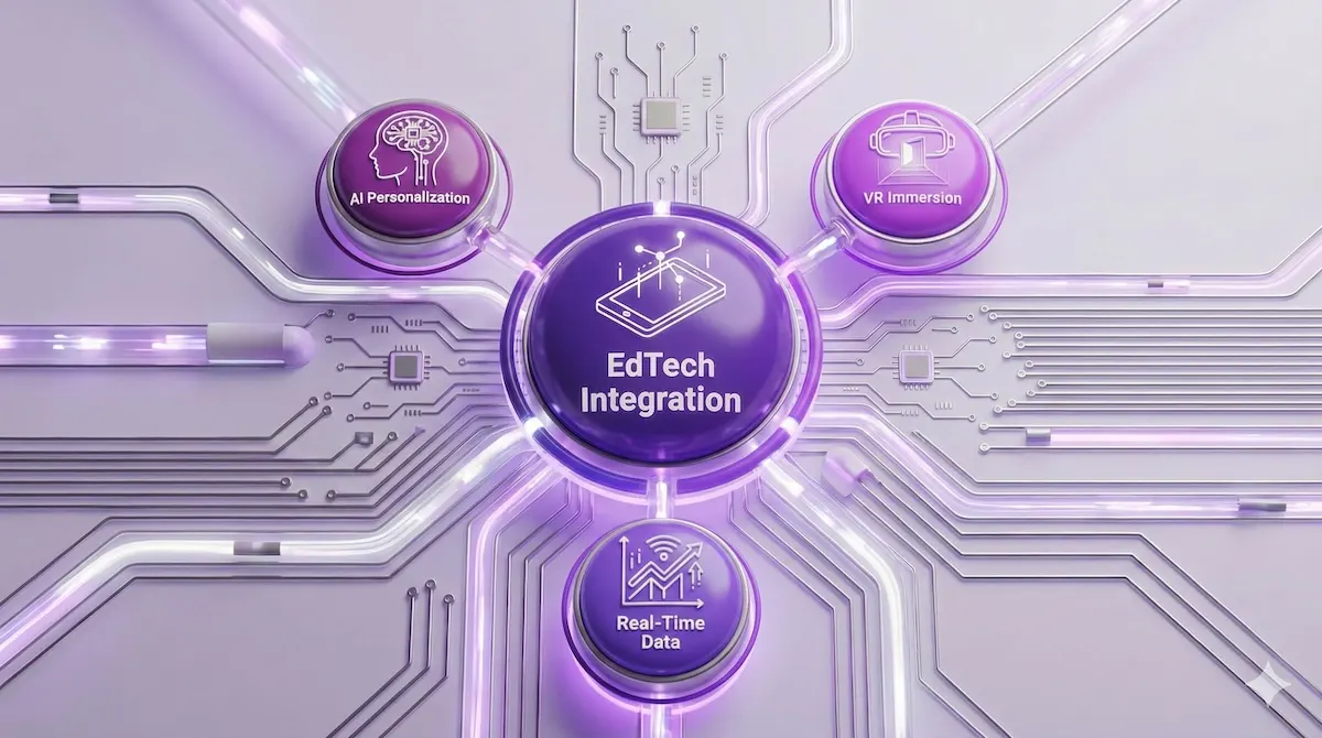Diagram illustrating future political science tutoring trends: AI personalization, VR immersion, and real-time data integration.