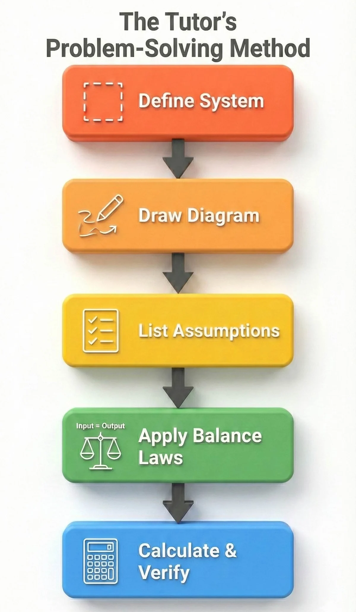 Step-by-step flowchart for solving chemical engineering problems, from defining the system to verification.