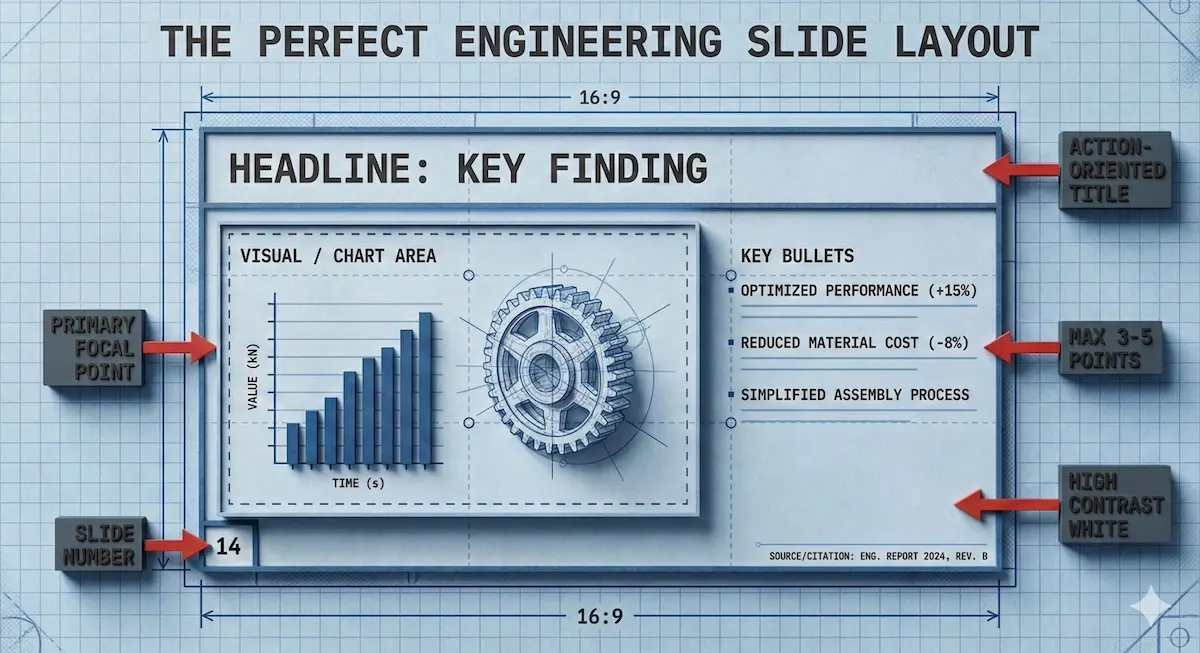 Blueprint diagram showing the anatomy of a perfect engineering slide: Action-oriented title, large data visual, minimal bullet points, and clear citations.